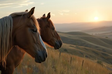Obraz premium horses side by side watching the sunrise over hills