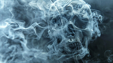Wisps of smoke intertwining with the intricate design of a skull, set against a backdrop of swirling cigarette smoke,