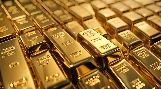 Digital Pile of Gold bars or financial concept 3d render. ingots Golds bar stacked in a row. Golden bricks. Stack of gold bullion bars. footage