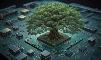 natural eco-friendly tree and computer technology on an abstract high-tech futuristic background