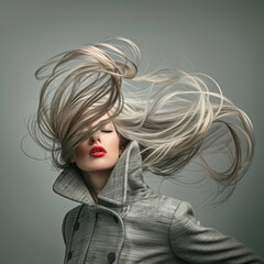 Beautiful stylish woman wearing gray coat, her long hair flying around, artistic motion, surreal studio portrait