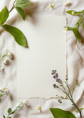 Torn piece of blank white paper, rough edges, retro style decorated with fresh garden flowers, view from above, copy space.