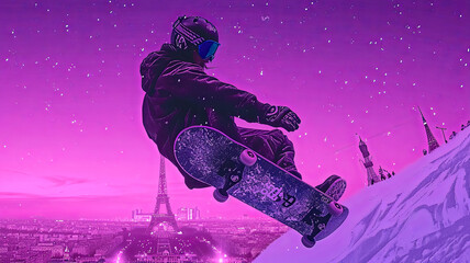 A man is skateboarding in the air over a snowy mountain. The sky is purple and the city below is lit up