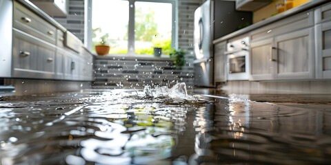 Water leak in kitchen causing property damage requiring insurance claim for repairs due to flooding. Concept Water damage insurance claim, Kitchen flooding, Property repair, Emergency repairs - obrazy, fototapety, plakaty
