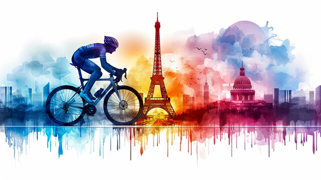 A man is riding a bicycle in front of the Eiffel Tower. The image has a vibrant and colorful feel, with the cityscape and the man's bike creating a sense of motion and energy