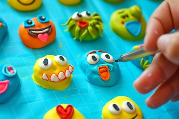 hand fashioning a set of plasticine emojis for decoration - obrazy, fototapety, plakaty