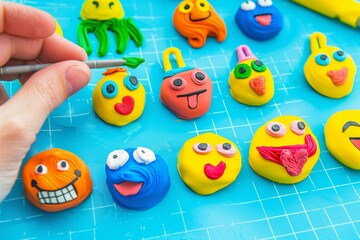 hand fashioning a set of plasticine emojis for decoration