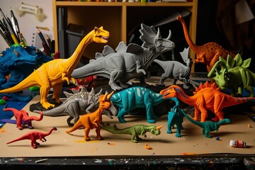 sculpting various plasticine dinosaurs on a desk - obrazy, fototapety, plakaty