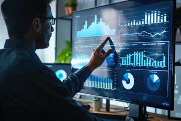 Obraz premium Business man stock exchange trader looking at computer screen analyzing financial chart, managing risks