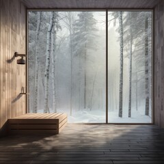 Wooden sauna with a view of the snowy forest