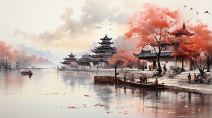 An illustration of a Chinese riverside town with people and boats