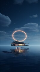 futuristic house above water with glowing circle above it