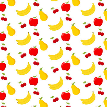 Fruit seamless pattern apple, pear, banana, cherry. Vector illustration.