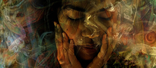 A woman with her hands on her face in a gesture of distress or overwhelm - obrazy, fototapety, plakaty