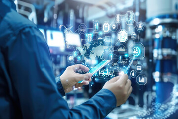 Industry engineer in factory using smart tablet device to control networking for auto industry. Smart industry 4.0 technology concept