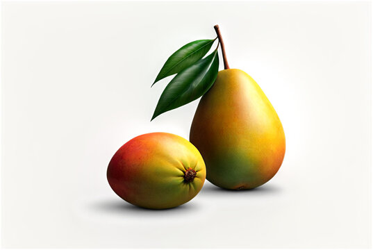 Picture of fresh ripe mango at isolated white background. Illustration of mango for design project, poster, banner, logotype. Fresh fruits concept. Copy ad text space. Generative Ai image