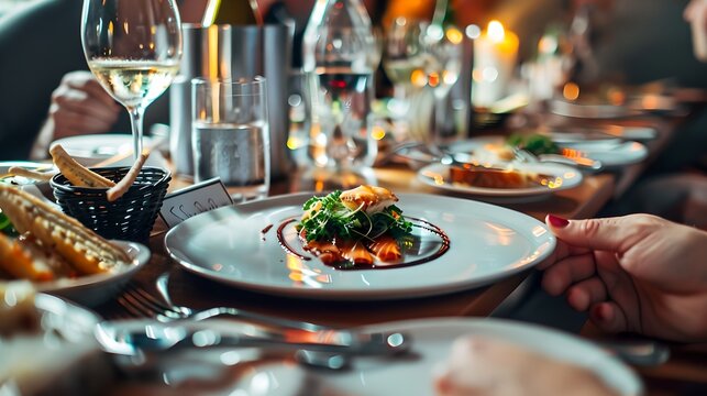 Elegant dining experience with gourmet cuisine in a cozy restaurant setting. A culinary delight captured in ambient lighting. Ideal for fine dining themes. AI
