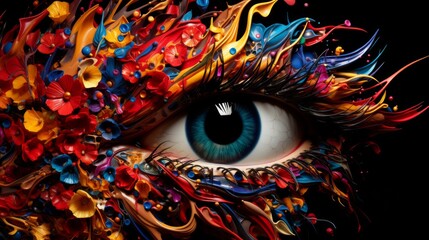 Eye with colorful 3D flowers and paint splatters - obrazy, fototapety, plakaty