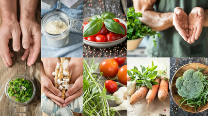A collage of various photos featuring hands holding or interacting with a variety of fresh vegetables