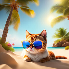 Cat on the beach with sunglasses - AI generated