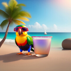 Parrot on the beach with a cocktail - AI generated