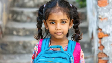 Fotobehang A young student with braided pigtails wearing a blue school uniform and backpack © sommersby