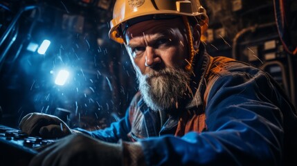 Portrait of a male miner wearing a hard hat and work clothes, with a serious expression on his face. He is working in a dark mine.