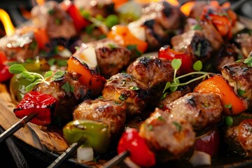 Vegetable Kebabs on Wooden Tray: Close-Up, Spices, Black Background