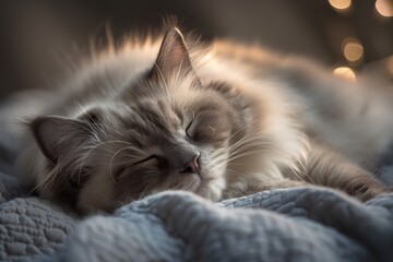 A serene fluffy Ragdoll cat naps peacefully in soft light finding comfort and tranquility in slumber, Generated by AI.