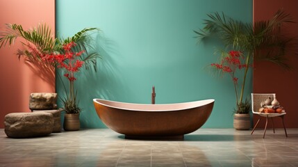 Freestanding copper bathtub in front of green wall with pink accents