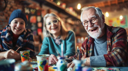 Smiling family with colorful ceramic pieces during a creative workshop session