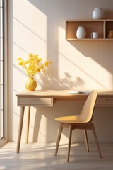 A wooden desk and chair in a room with a vase of yellow flowers