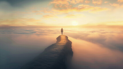 A person confidently stands at the edge of a cliff, overlooking a sea of clouds below