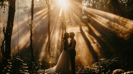A bride and groom stand under the dappled sunlight shining through the trees in a forest setting - obrazy, fototapety, plakaty