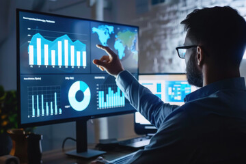 Business man stock exchange trader looking at computer screen analyzing financial chart, managing risks