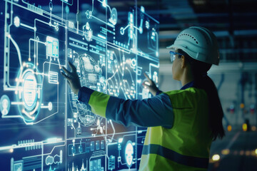 Engineer using data and control networking for clean energy industry, development, energy saving. Smart industry 4.0 technology concept