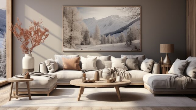 A modern living room with a large painting of a snowy forest on the wall