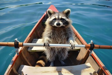 raccoon steering a rowboat with oars, clear blue water around - obrazy, fototapety, plakaty