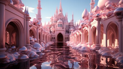 Pink fantasy castle with reflective pink water - obrazy, fototapety, plakaty