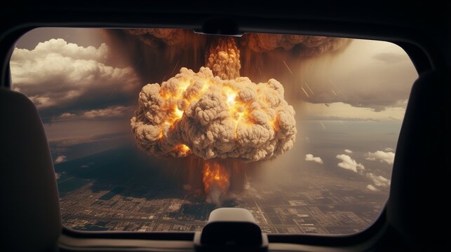 Mushroom cloud from a nuclear explosion seen through a car window