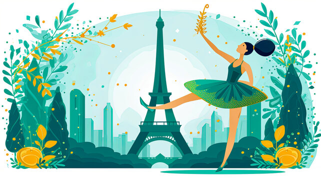 A woman in a green dress is dancing in front of the Eiffel Tower. The image has a lively and joyful mood, with the woman's graceful movements and the beautiful scenery of the city