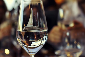 a small catamaran within a wine glass, with blurred people toasting behind - obrazy, fototapety, plakaty