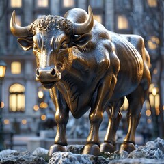 A realistic depiction of the iconic bronze bull statue, embodying the strength and power of the financial markets