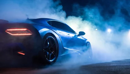 Abwaschbare Fototapete Modern sport car in smoke. Drifting and racing concept. Blue tones. © hardvicore