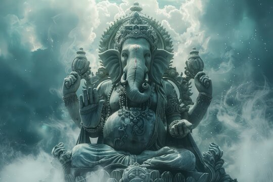 A dynamic digital art piece featuring Lord Ganesha surrounded by flowing, colorful energy waves on a darken background. generative ai
