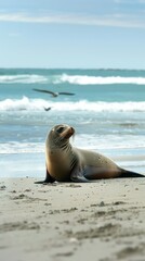 Fototapeta premium Seal on a Beach Blending with Pristine Sands and Shimmering Waters