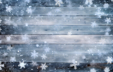 wooden christmas winetr holiday background with snow for greetin