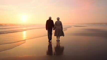 Elderly couple walking on the beach at sunset, looking at the sea.