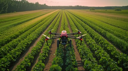 Modern farm with the use of agricultural technology, drones, and precision farming, High-Tech Farming. - obrazy, fototapety, plakaty
