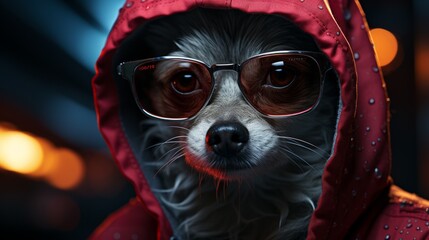 A raccoon dog wearing a red raincoat and sunglasses - obrazy, fototapety, plakaty